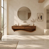 Floating wood vanity cabinet with a sweeping wave shaped open shelf underneath in a bright open plan bathroom