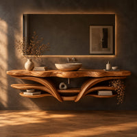 Floating bathroom vanity with a wavy top and sweeping layered shelves in a dark studio against a charcoal plaster wall