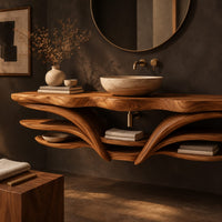 Corner detail of floating bathroom vanity with a wavy top and sweeping layered shelves beside wood, brass and linen samples