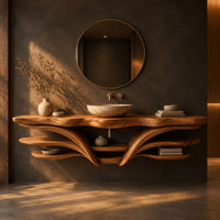 Floating bathroom vanity with a wavy top and sweeping layered shelves in a dark bathroom at golden hour