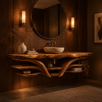 Floating bathroom vanity with a wavy top and sweeping layered shelves in an evening bathroom with walnut wall paneling