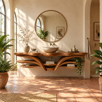 Floating bathroom vanity with a wavy top and sweeping layered shelves in a bright bathroom with arched windows and plants