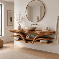 Floating bathroom vanity with a wavy top and sweeping layered shelves in a Scandinavian bathroom with white walls