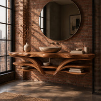Floating bathroom vanity with a wavy top and sweeping layered shelves in an industrial loft bathroom with exposed brick