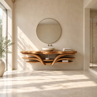 Floating bathroom vanity with a wavy top and sweeping layered shelves in a bright open plan bathroom