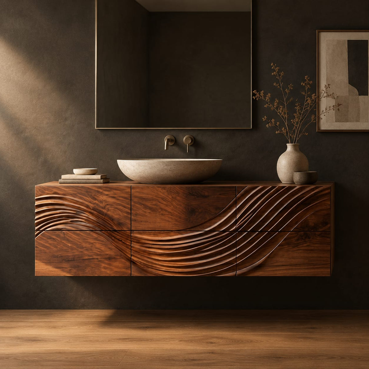 Floating bathroom vanity with a wave carved across six panels in a dark studio against a charcoal plaster wall