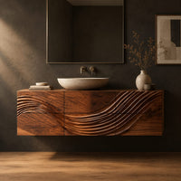 Floating bathroom vanity with a wave carved across six panels in a dark studio against a charcoal plaster wall