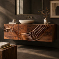 Corner detail of floating bathroom vanity with a wave carved across six panels beside wood, brass and linen samples