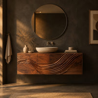 Floating bathroom vanity with a wave carved across six panels in a dark bathroom at golden hour