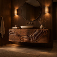 Floating bathroom vanity with a wave carved across six panels in an evening bathroom with walnut wall paneling