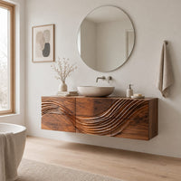 Floating bathroom vanity with a wave carved across six panels in a Scandinavian bathroom with white walls