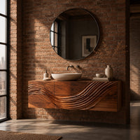 Floating bathroom vanity with a wave carved across six panels in an industrial loft bathroom with exposed brick