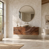 Floating bathroom vanity with a wave carved across six panels in a bright open plan bathroom