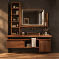 Floating bathroom vanity cabinet with a tall open shelf tower in a dark studio against a charcoal plaster wall