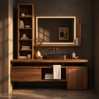 Corner detail of floating bathroom vanity cabinet with a tall open shelf tower beside wood, brass and linen samples