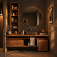Floating bathroom vanity cabinet with a tall open shelf tower in a dark bathroom at golden hour