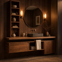 Floating bathroom vanity cabinet with a tall open shelf tower in an evening bathroom with walnut wall paneling