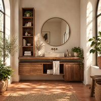 Floating bathroom vanity cabinet with a tall open shelf tower in a bright bathroom with arched windows and plants
