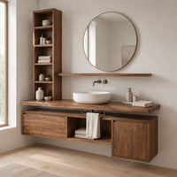 Floating bathroom vanity cabinet with a tall open shelf tower in a Scandinavian bathroom with white walls