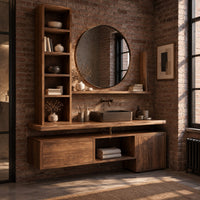 Floating bathroom vanity cabinet with a tall open shelf tower in an industrial loft bathroom with exposed brick