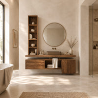 Floating bathroom vanity cabinet with a tall open shelf tower in a bright open plan bathroom
