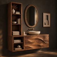 Floating bathroom cabinet with a tall open shelf tower and carved wave front, three-quarter view showing the grain