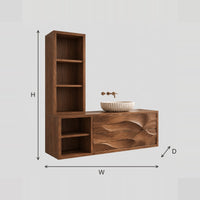 Floating Bathroom Vanity With Tall Open Shelf Tower And Wave Front dimension diagram with width, height and depth