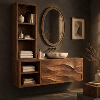 Corner detail of floating bathroom cabinet with a tall open shelf tower and carved wave front beside wood, brass and linen samples