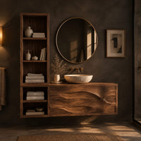 Floating bathroom cabinet with a tall open shelf tower and carved wave front in a dark bathroom at golden hour
