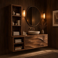 Floating bathroom cabinet with a tall open shelf tower and carved wave front in an evening bathroom with walnut wall paneling