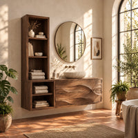 Floating bathroom cabinet with a tall open shelf tower and carved wave front in a bright bathroom with arched windows and plants