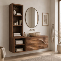 Floating bathroom cabinet with a tall open shelf tower and carved wave front in a Scandinavian bathroom with white walls