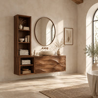Floating bathroom cabinet with a tall open shelf tower and carved wave front in a bright open plan bathroom