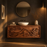 Floating bathroom vanity with two doors carved in ocean waves in a dark bathroom at golden hour