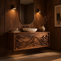 Floating bathroom vanity with two doors carved in ocean waves in an evening bathroom with walnut wall paneling