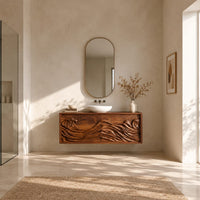 Floating bathroom vanity with two doors carved in ocean waves in a bright open plan bathroom