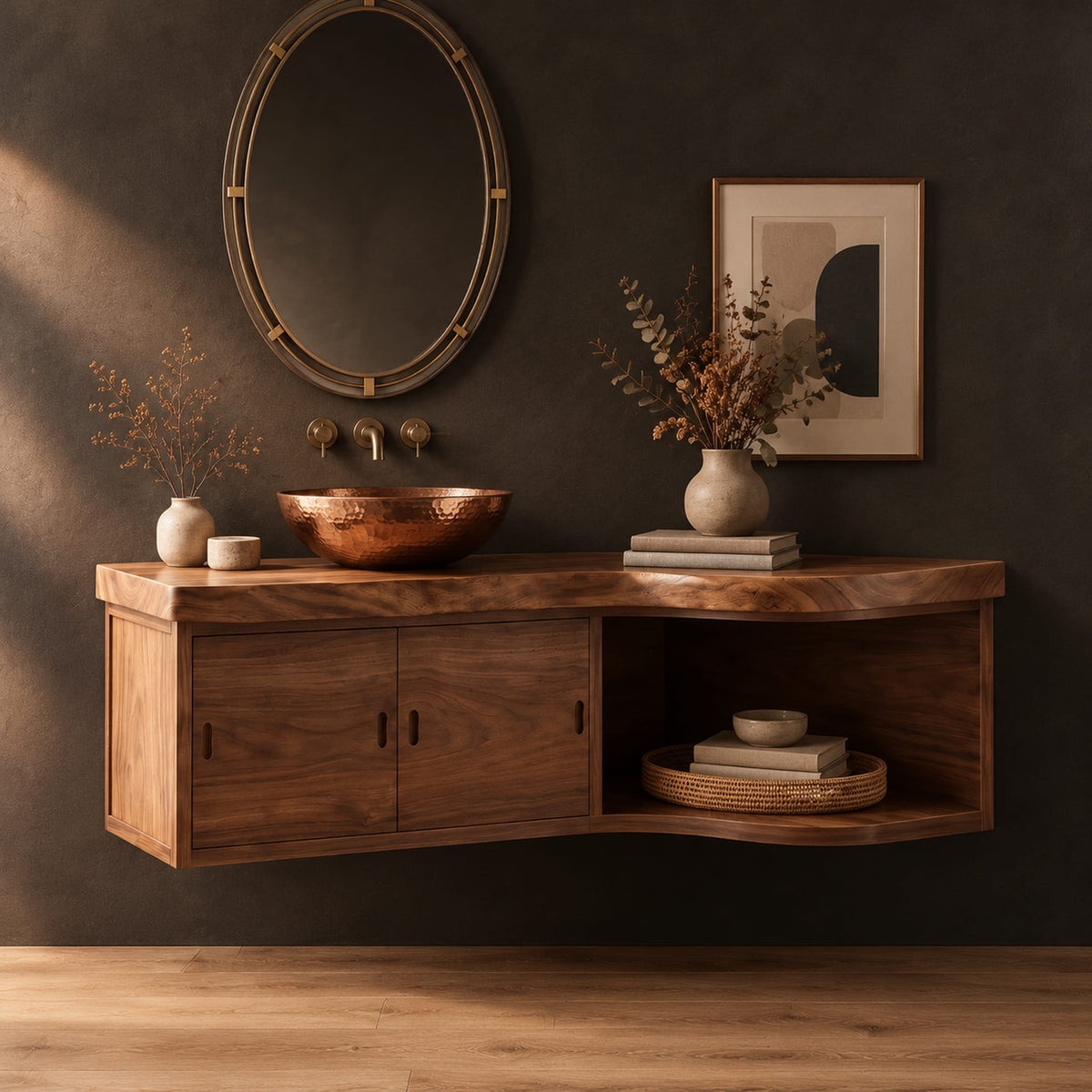 Floating bathroom vanity cabinet with two doors and a swept open shelf end in a dark studio against a charcoal plaster wall