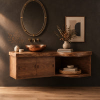 Floating bathroom vanity cabinet with two doors and a swept open shelf end in a dark studio against a charcoal plaster wall