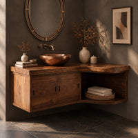 Corner detail of floating bathroom vanity cabinet with two doors and a swept open shelf end beside wood, brass and linen samples