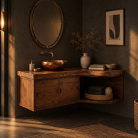 Floating bathroom vanity cabinet with two doors and a swept open shelf end in a dark bathroom at golden hour