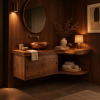 Floating bathroom vanity cabinet with two doors and a swept open shelf end in an evening bathroom with walnut wall paneling