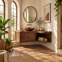 Floating bathroom vanity cabinet with two doors and a swept open shelf end in a bright bathroom with arched windows and plants