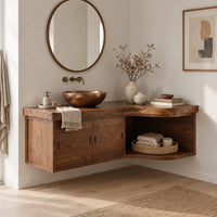 Floating bathroom vanity cabinet with two doors and a swept open shelf end in a Scandinavian bathroom with white walls