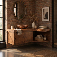 Floating bathroom vanity cabinet with two doors and a swept open shelf end in an industrial loft bathroom with exposed brick