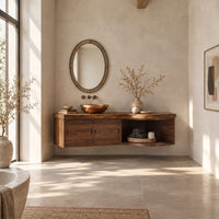 Floating bathroom vanity cabinet with two doors and a swept open shelf end in a bright open plan bathroom
