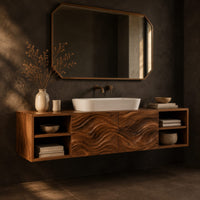 Floating bathroom vanity with wave carved center and open side cubbies, three-quarter view showing the grain