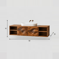 Floating Bathroom Vanity With Wave Carved Center And Open Cubbies dimension diagram with width, height and depth