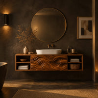 Floating bathroom vanity with wave carved center and open side cubbies in a dark bathroom at golden hour