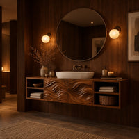 Floating bathroom vanity with wave carved center and open side cubbies in an evening bathroom with walnut wall paneling
