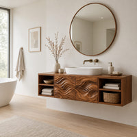 Floating bathroom vanity with wave carved center and open side cubbies in a Scandinavian bathroom with white walls